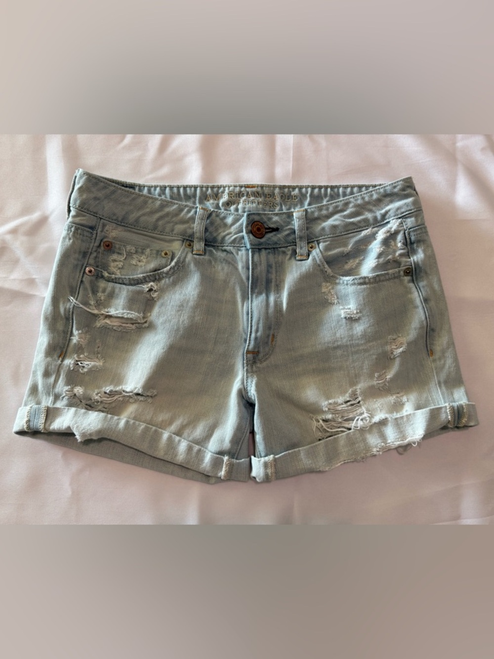American Eagle Outfitters Light Wash Distressed Denim Roll-Hem Shorts